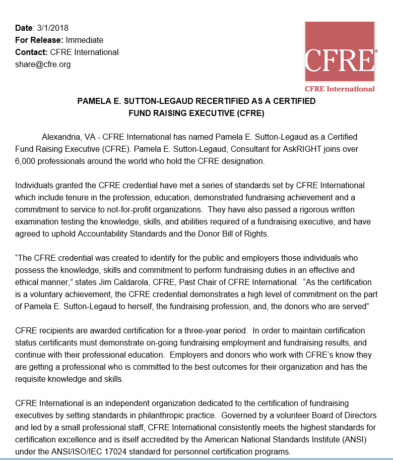 CFRE Accreditation – Pamela Sutton-Legaud CFRE MBA